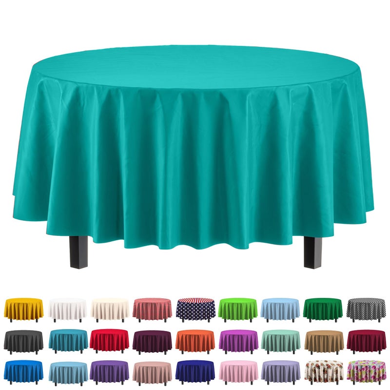 Party Solids 12-Pack Premium Plastic Tablecloth 84in. Round Table Cover - Teal - Image 1